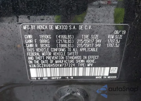 2019 Honda Hr-V Ex z USA, uszkodzony, nr VIN 3CZRU6H50KM737224